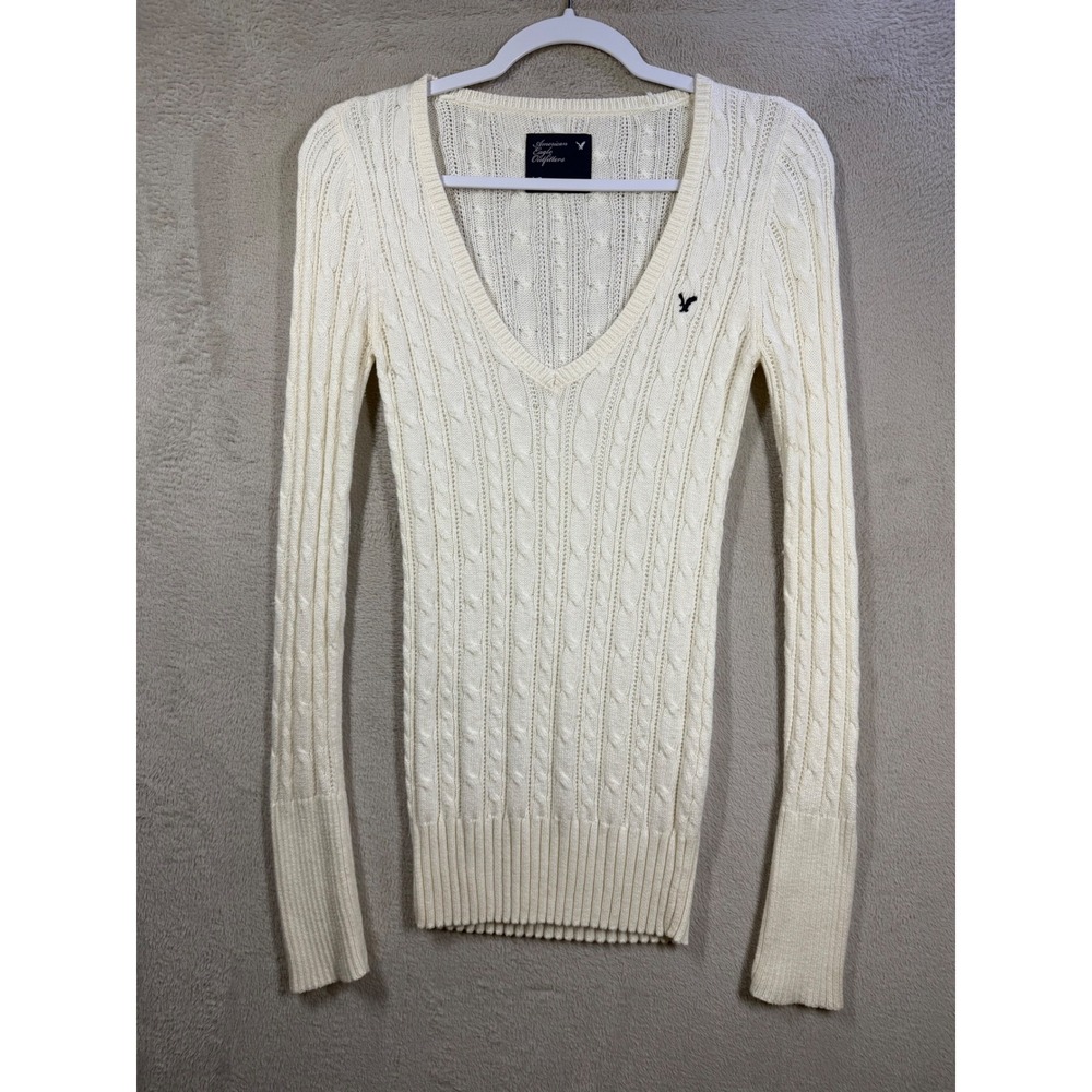 American Eagle Sweater Women L Cream Y2K Slim Fit Cable Knit V-Neck Vtg Preppy